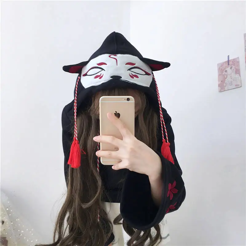  Japanese Fleece Hoodies Cartoon Embroidery Hooded Sweatshirt Drawstring Tassel Women Clothes Causal