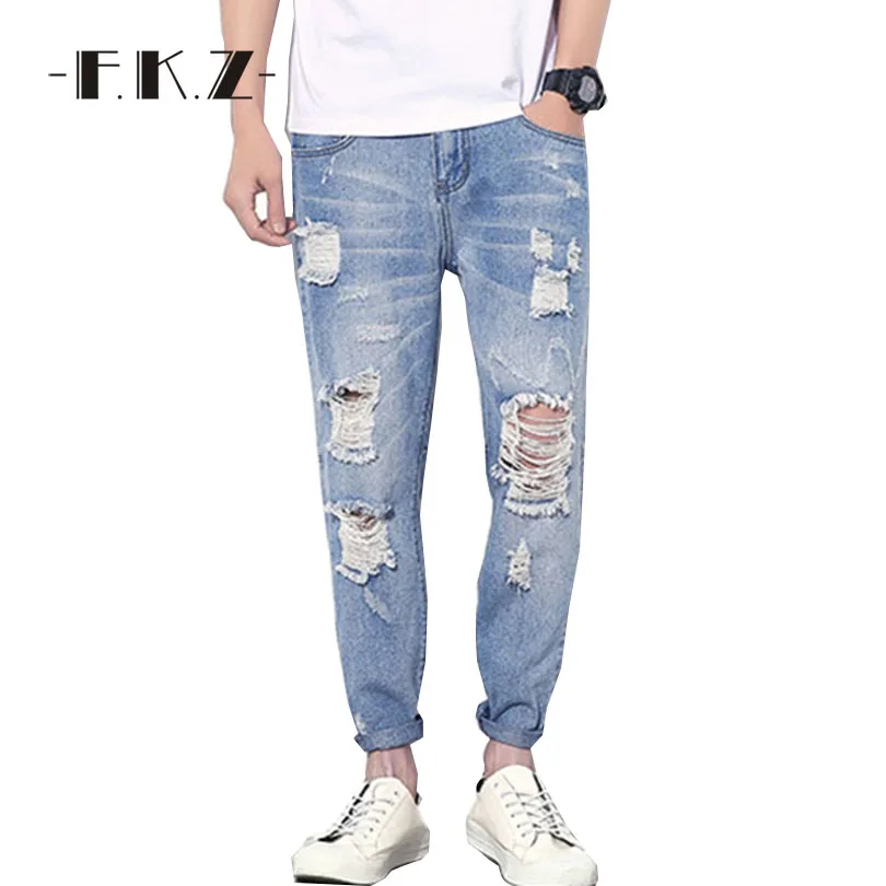 FKZNew Men Loose Street Fashion Baggy Jeans Men Ripped Jeans for Men Destroyed Distressed Ripped