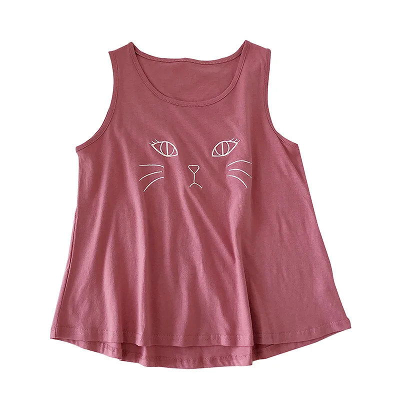 Summer T shirt Women Cute Cat Embroidery Loose Sleeveless O neck Tops