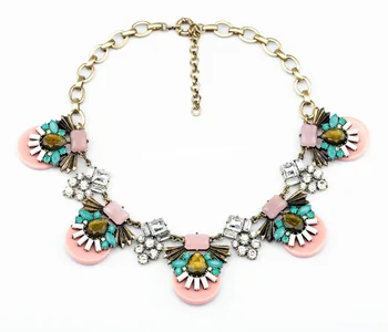 

Fashion New Arrival Pink Acrylic Vintage Gold Color 2014 Women Flower Vintage Statement Chokers Necklaces