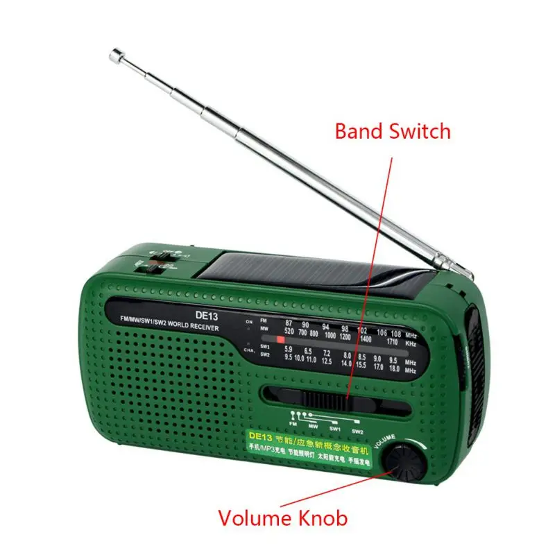 

Green FM Radio DE13 FM MW SW Crank Dynamo Hand-cranked Solar Emergency Radio World Receiver with Flashlight Radio