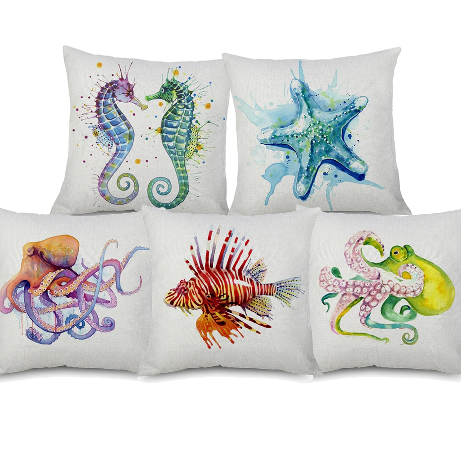 

Watercolor Mermaid Octopus Starfish Sea Horse Cushion Covers Marine Life Thick Linen Cotton Pillows Cases Sofa Chair Decor