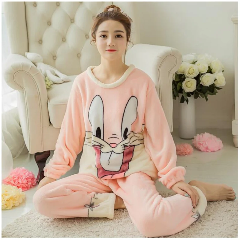 

Autumn Winter Women Pajamas Flannel Full Sleeve Pajamas Sets Print Rabbit Casual Warm Sleepwear Plus Size Pullovers