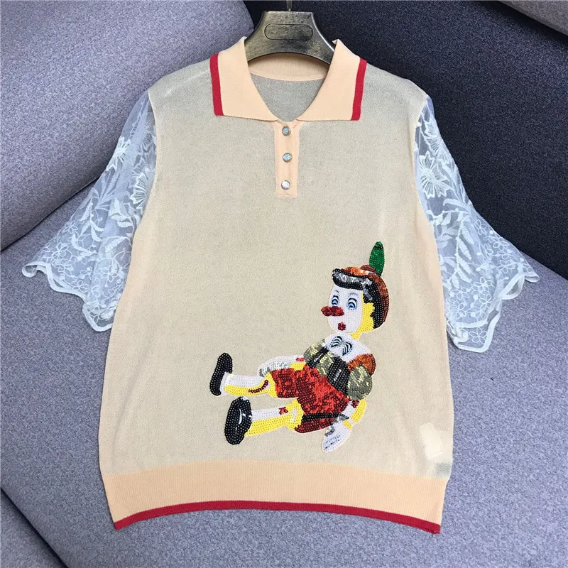 

Luxury Designer Brand Knitted Top for Women Sequin Cartoon Character Splicing Lace Sleeve Knitted T Shirts