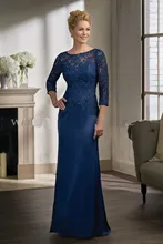 Elegante Abendkleider Scoop Neck Lace Top Mutter Kleid Satin Rock Mermaid Formales Partei-kleid 3/4 Hülse Lange Patin Kleid