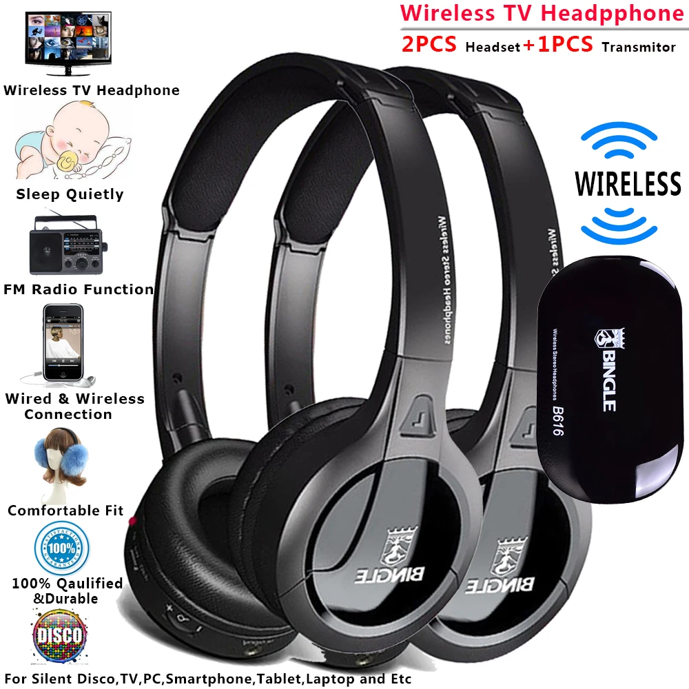 

Bingle B616 2PCS Headsets/Set Extra Bass On Ear Auriculare Fone De Ouvido RF Wireless Headphones For Tv Listening Family Theater