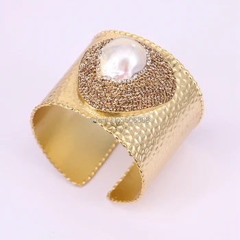 

3PCS ZYZ178-1601 Fashion Metal Brass Plated Gold Bangles, Pave Golden Crystal Natural Freshwater Pearl Bangles Jewelry For Women