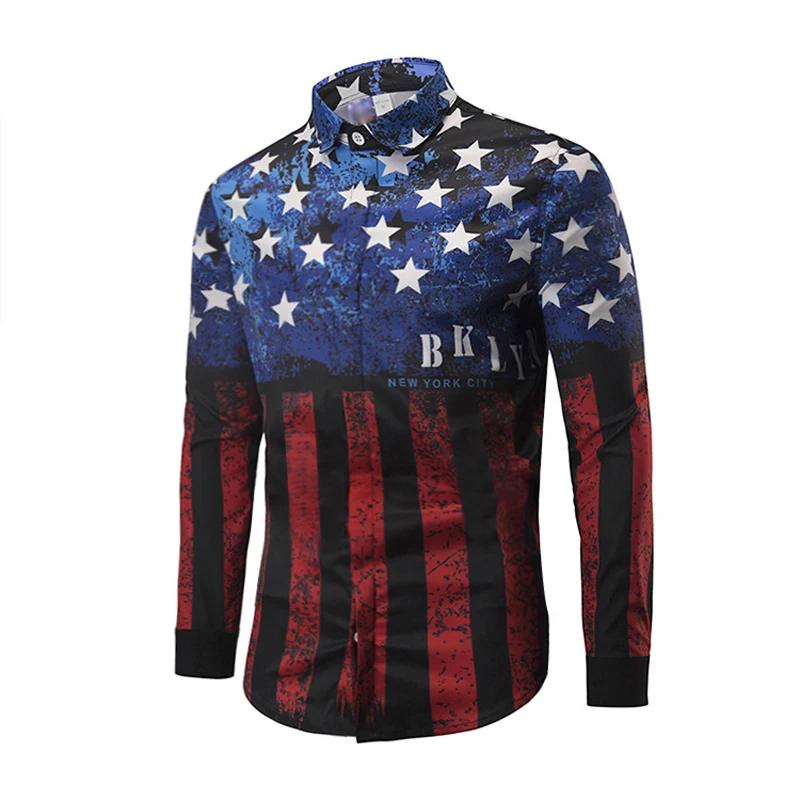 

ONSEME Mens Beach Hawaiian Shirt Camisa Masculina Vintage USA Flag 3D Printed Shirts Male Long Sleeve Clothing Plus Size