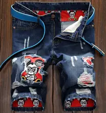 printing cartoon hole five men pants denim shorts men straight short jeans slim