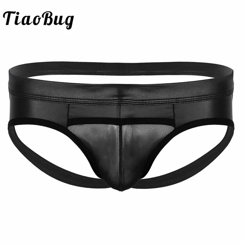 TiaoBug для мужчин черный искусственная кожа нижнее бельё для девочек открытым прикладом сетки пенис выпуклость мешок бандаж низкой талией