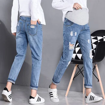 

Maternity Women Ankle Length Denim Casual Distrressed Holes Adjustable Elastic Waist Pant Pregnant Belly Care Summer Trousers