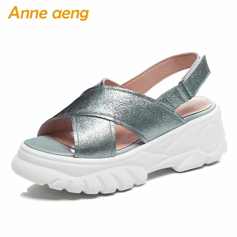 

2019 New Summer Genuine Leather Women Sandals High Wedge Heel Hook & Loop Casual Fashion Women Platform Shoes Blue Sandals