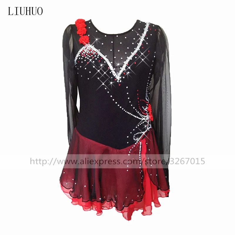 

Figure Skating Dress Women's Girls' Ice skating Dress Red black Shoulder waist flower decoration Long sleeve round neck Flash