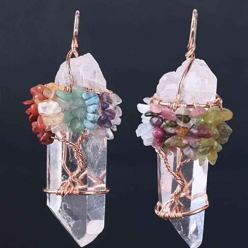 

Natural White Crystal Big Pendant Reiki Chakra Tree of Life Rose Gold Handmade Wire Wrapped Pendant Necklace For Women