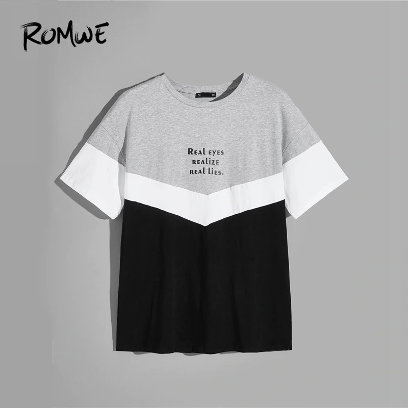 ROMWE Men Color Block Letter Print Tee 2019 Young Cool Male Summer T shirt Mens Clothing Streetwear Short Sleeve Tee Tops