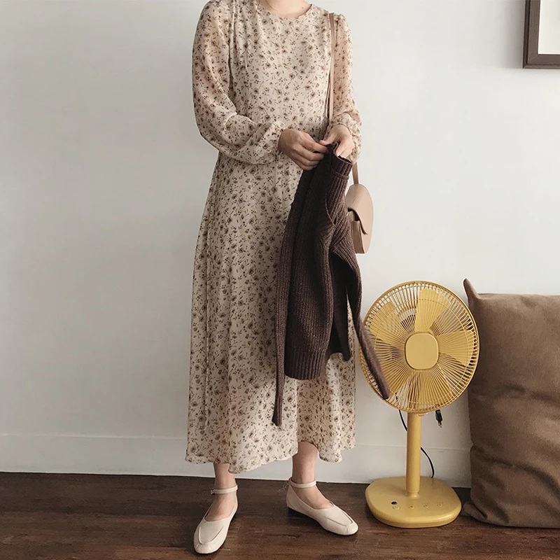 

Full Flower Chiffon Dress a Line Spring Summer Puff Sleeve Long Dress Robe Longue Vestido Largo Vestiti Lunga Retro