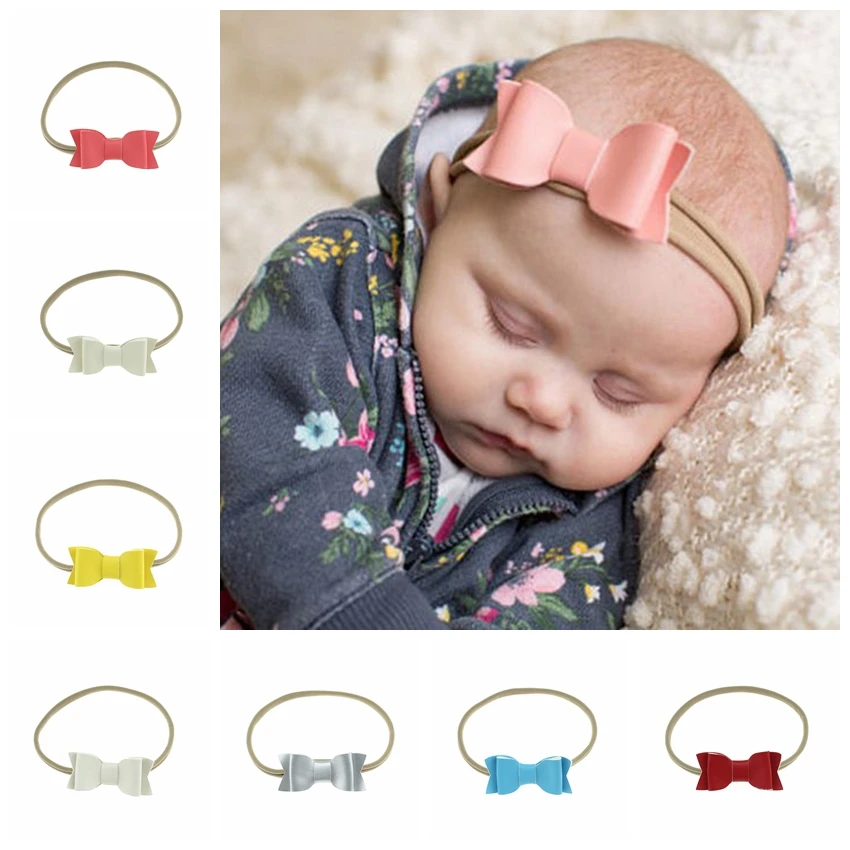 Yundfly Elastic Nylon Pu Leather Bow Headband Baby Girls Children Party Headwear Birthday Gifts Photo Shoots Hair Accessories