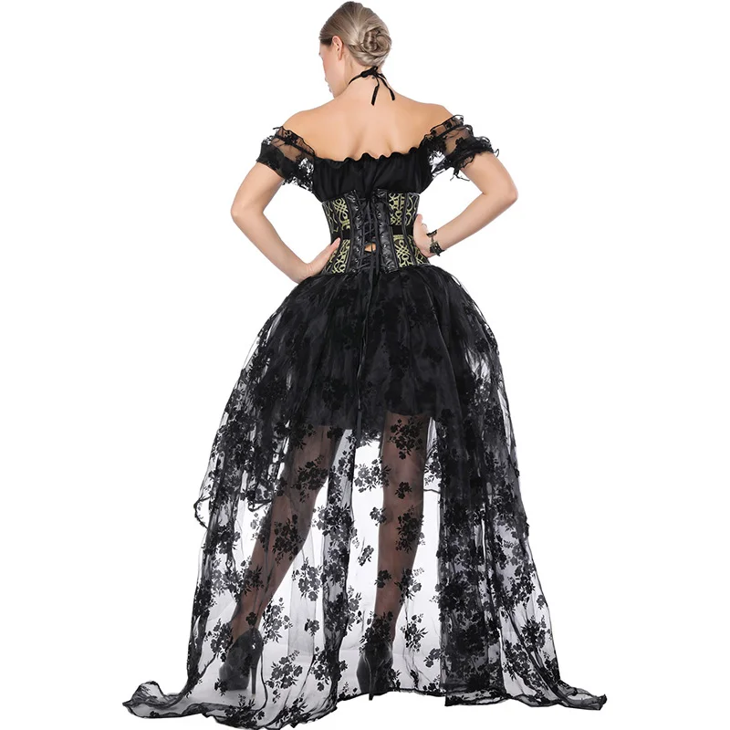 Women Sexy Gothic Victorian Steampunk Corset Dress Leather Overbust Corsets And Bustiers Lace Black Wedding Party Corset Dress (2)