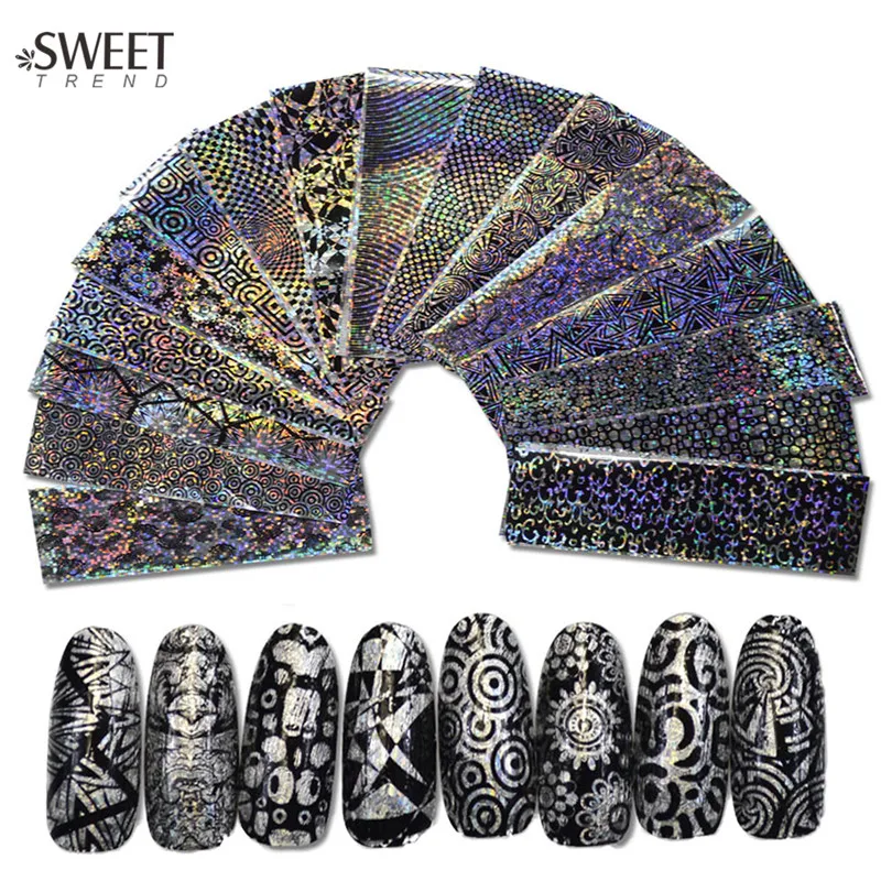 16pcs Nail Art Glue Transfer Foil Black Geometric Pattern Nail Stickers