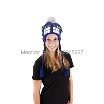 

Doctor Who Cosplay Hats Blue TARDIS Design Warm Cap Knit Braided Bobble Hat For Men Women with Tassels