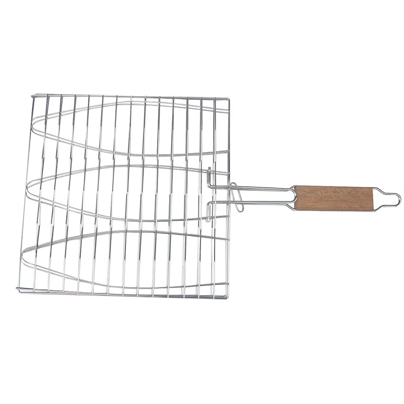 Non-stick Triple BBQ Fish Grilling Basket Barbecue Mesh Grill Clip Net Protable Camping Rack With Wood Hand BBQ Tool Accessories