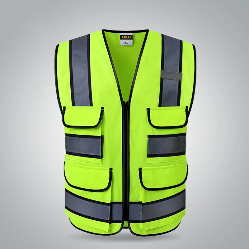 Two tone yellow Safety vests with pockets waistcoat security with reflective stripes orange roll neck casual dress with two side pockets