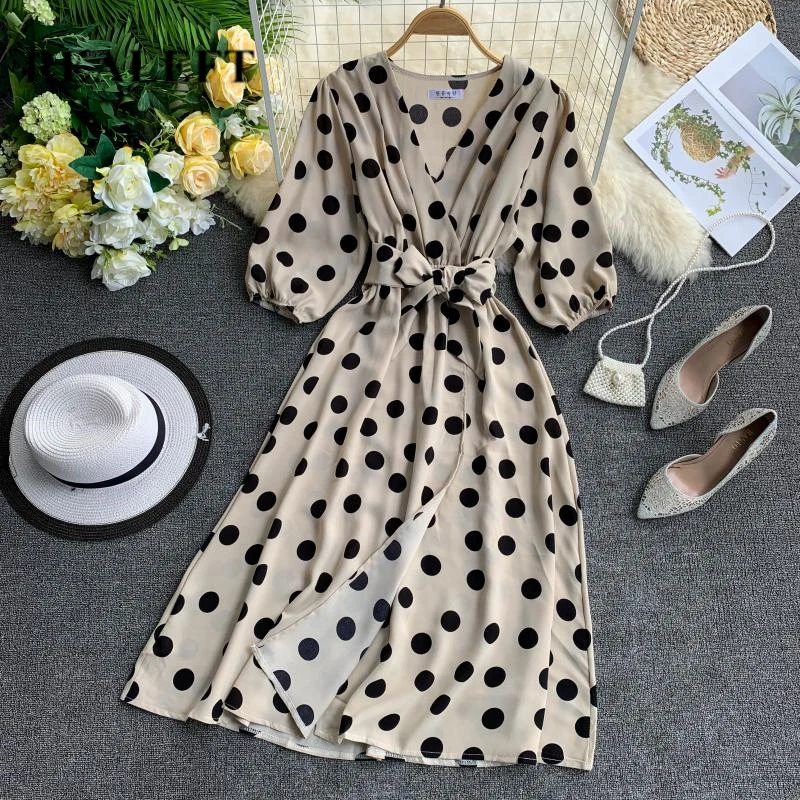 

REALEFT New Arrival Women Bohemian A-Line Long Dresses Polka Dots Puff Sleeve V Neck High Waist Vintage Party Dress with Sashes