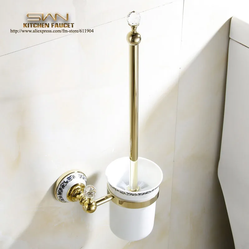 Free Shipping Luxury Golden Toilet Brush Holder with Ceramic cup household products Bath Decoration Bathroom accessories