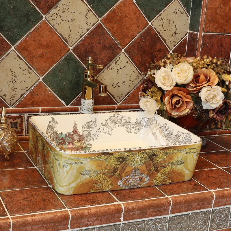 Jingdezhen factory directly art hand painted ceramic hair wash basin bathroom sinks rectangular (1)
