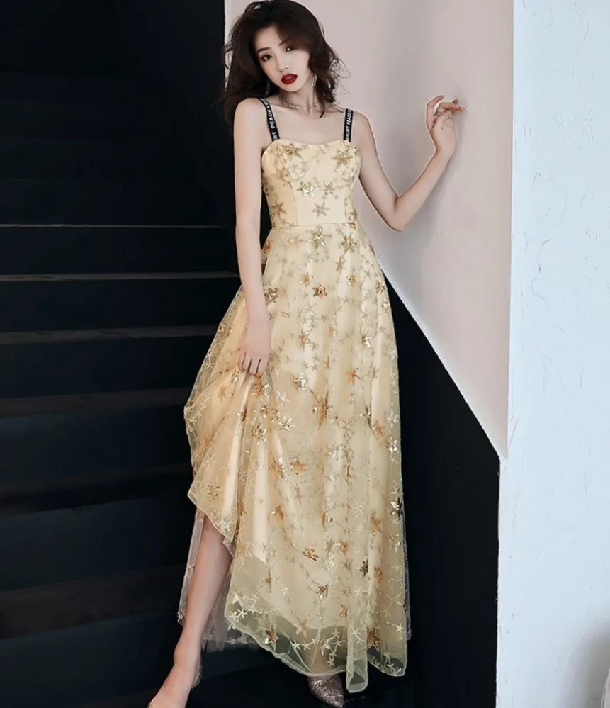 

Runway Letter Spaghetti Strap Sequined Dress 2019 Summer Dress Women Party Night Five-pointed Star Sequins Embroidery Long Dress