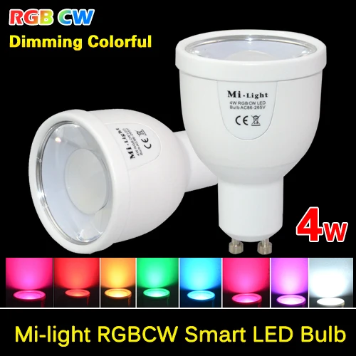 

Milight 2.4G GU10 4W Wireless Colorful LED RGBCW (RGB+COOL WHITE) RGBWW (RGB+WARM WHITE) LED Smart Bulb Lamp