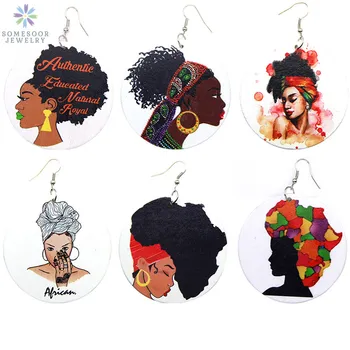 

SOMESOOR Vintage Earrings African Wood Jewelry Printed Educated Natural Royal Afro Hair Lady Locs Hoops Pattern For Women 6Pairs