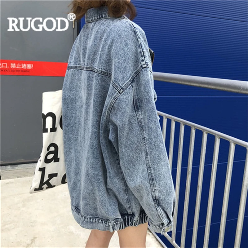 discount  RUGOD Women blue denim jackets vintage turn down collar zipper batwing sleeve loose jeans jacket ne