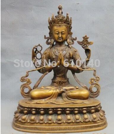 

12"Chinese Copper 4 arms Hands Chenrezig Buddha Avalokiteshvara.Statue