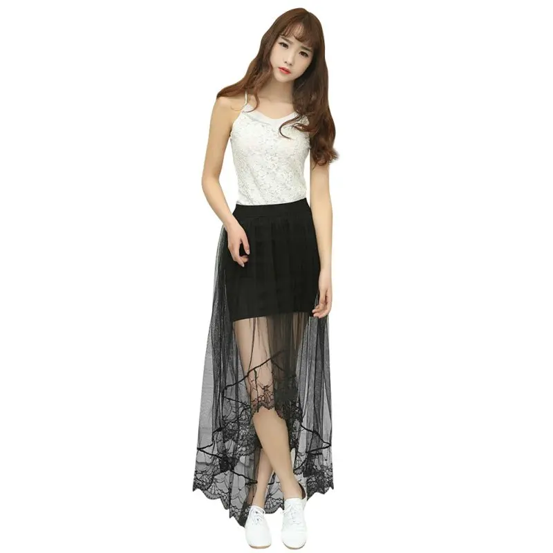 

Women Sexy Long Lace Skirts Section Skirt Jupe Tulle Black and White Fashion Short Skirt