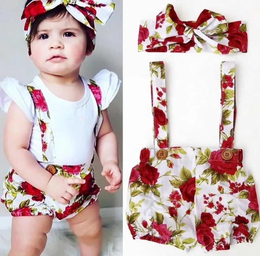 

2PCS Set Floral Baby Girl Clothes 2017 Summer Toddler Kids Flower Jumpsuit Overall Bottom +Headband Outfit Children Clothing Set