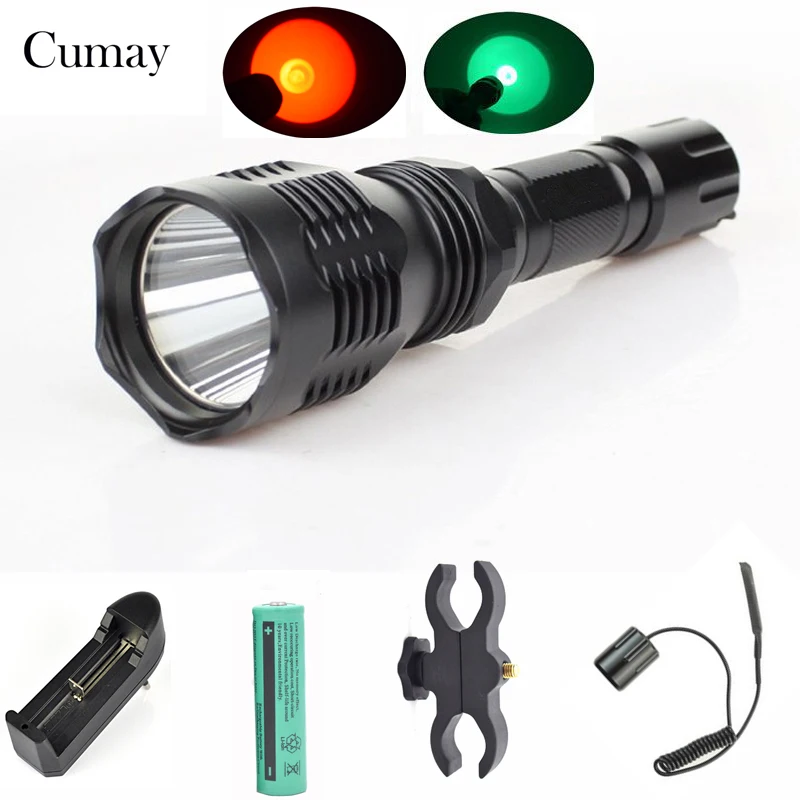 

300m Beam Hunting LED Flashlight Flash Light Green Red 1 Mode lampe torche Torch With 25mm Diameter Gun Mount Pressure Switch