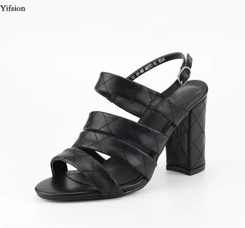 

Olomm New Women Sandals Sexy Square High Heel Sandals Open Toe Black White Gun Color Party Prom Shoes Ladies US Plus Size 3-14