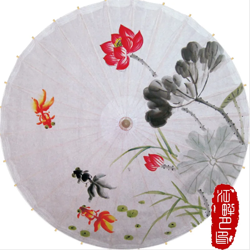 

Lotus with Fish in the Pond Oiled Paper Umbrella White Bottom Ink Paper Parasol Buds Flower Paper Umbrells Art Show Hanging