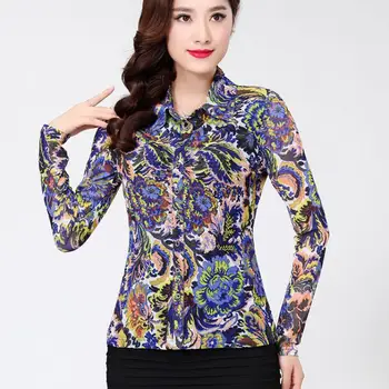 

Fall Spring Casual Female Women 3XL Printed Floral Full Sleeve Mesh Blouse Shirt , Single Breasted Cardigan Blouses For Woman