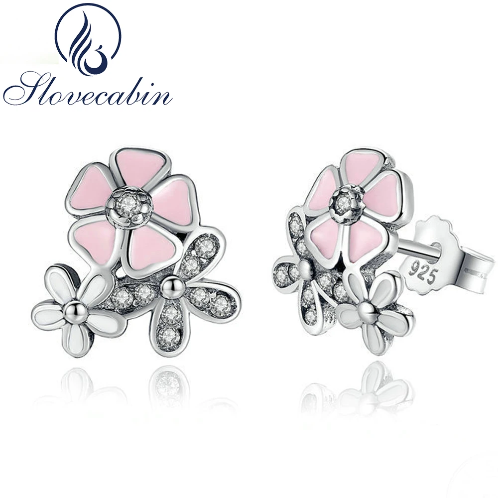 

Slovecabin 925 Silver Poetic Blooms Flowers Stud Earrings For Women Original Crystal Earrings With Clear CZ Silver 925 Jewelry