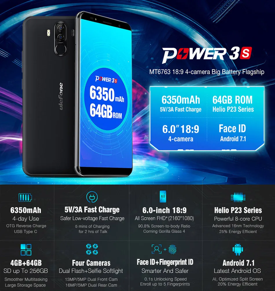 Смартфон Ulefone power 3S 18:9 Android 7,1 MTK6763 Восьмиядерный 4 Гб+ 64 Гб 6350 мАч 16 МП 4 камеры мобильный телефон 6 дюймов 4G LTE