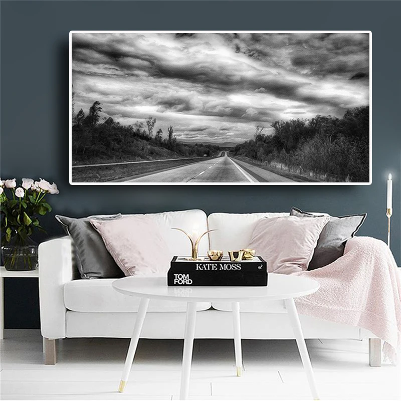 

Nordic Forest Black and White Highway Posters and Prints Landscape Canvas Painting Scandinavian Wall Art Picture for Living Room