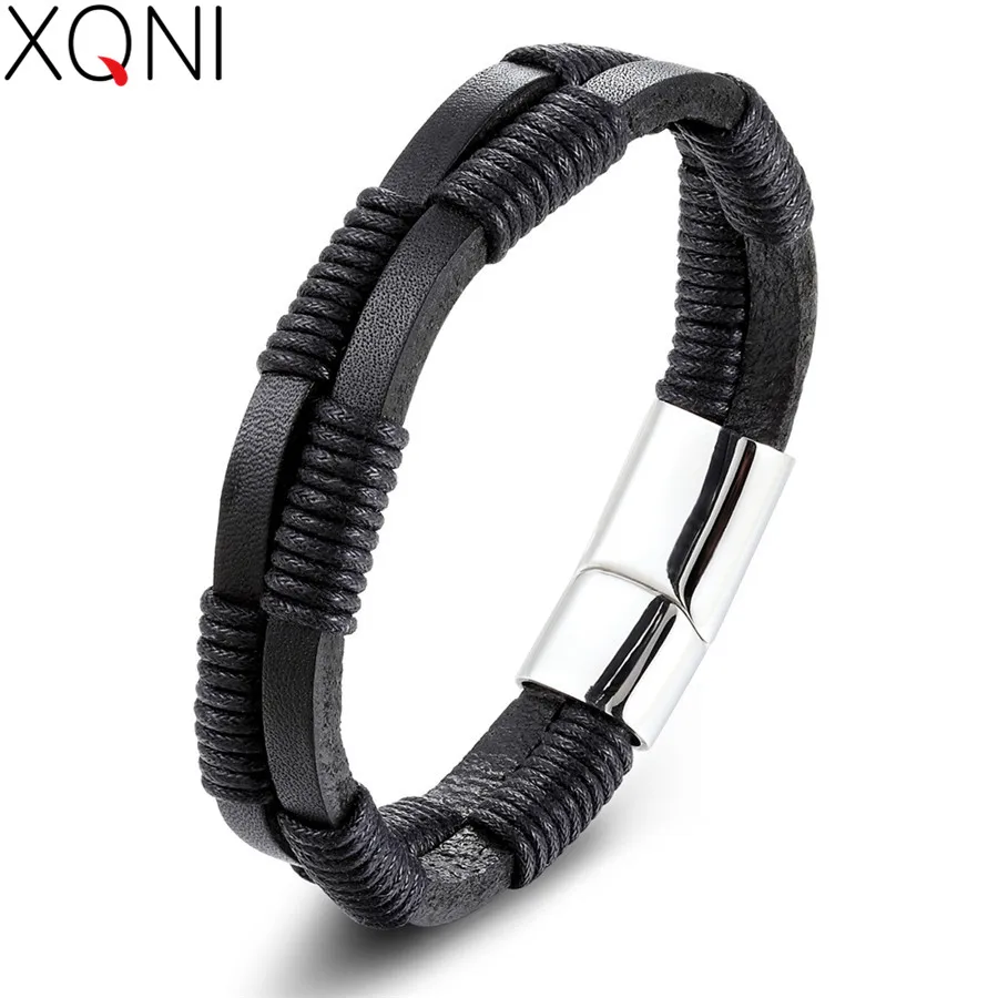 

XQNI New Genuine Leather Bracelet Twining Bundling Line Geometric Pattern Black/Brown Color Easy Hook Accessories Jewelry Gift