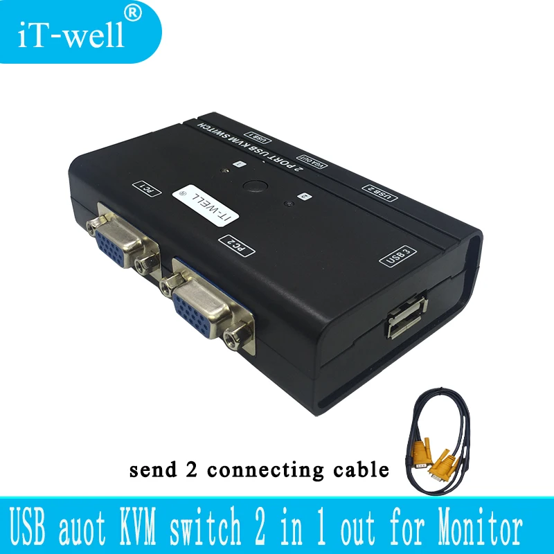 IT-well KVM переключатель 2 порта Авто VGA переключатель с USB консолью 1 комплект управления клавиатурой мыши 2 компьютера хосты с kvm-кабель