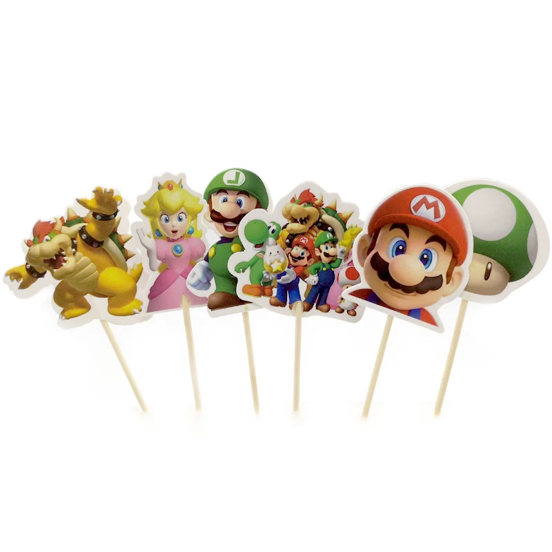 

24pcs/lot Kids Boys Favors Birthday Party Super Mario Theme Cake Topper Decorate Happy Baby Shower Cupcake Toppers with Sticks