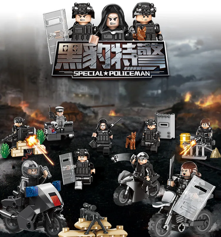 

9Pcs Swat Police Speical Force Military Figures with Weapons Motorcycle Dog Block Set Building brick Compatible Toy 653001