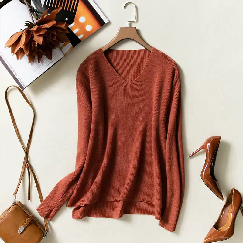 Женские свитера, свободный стиль, Vneck, пуловеры, кашемир, вязанные, большой бюст, размер, джемперы, женская мода, 5 цветов, вязаная одежда - Цвет: dark orange