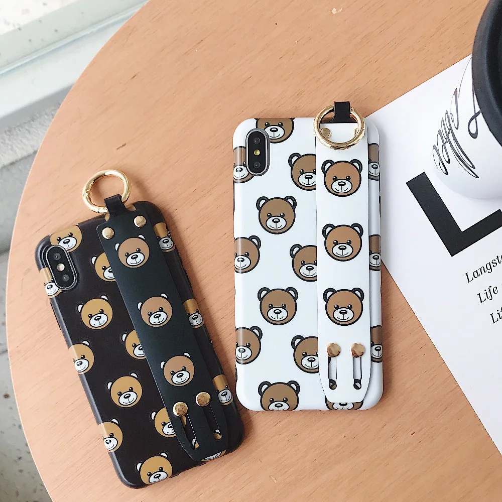 Fashion Cute Lucky Bear Wrist Strap Holder Case For iPhone X XS Max XR With Metal Ring Kickstand Case For iPhone 7 8 6 6S Plus
