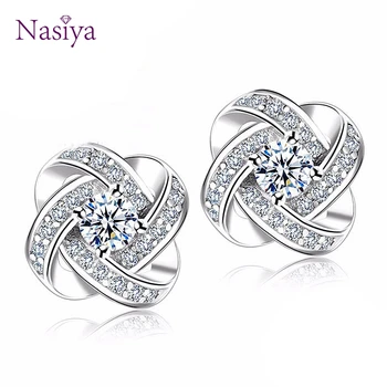 

925 Sterling Silver Gleaming Stud Earrings For Women CZ Clear Cubic Zirconia Earrings Zircon Fine Jewelry For Female